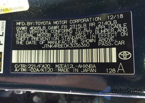 2019 Toyota Corolla Se z USA, uszkodzony, nr VIN JTNK4RBE0K3036360